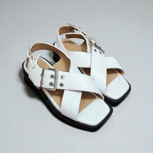 Ganni White Leather Criss Cross Sandals Square Toe Buckle Slingback Sz 40 / 10